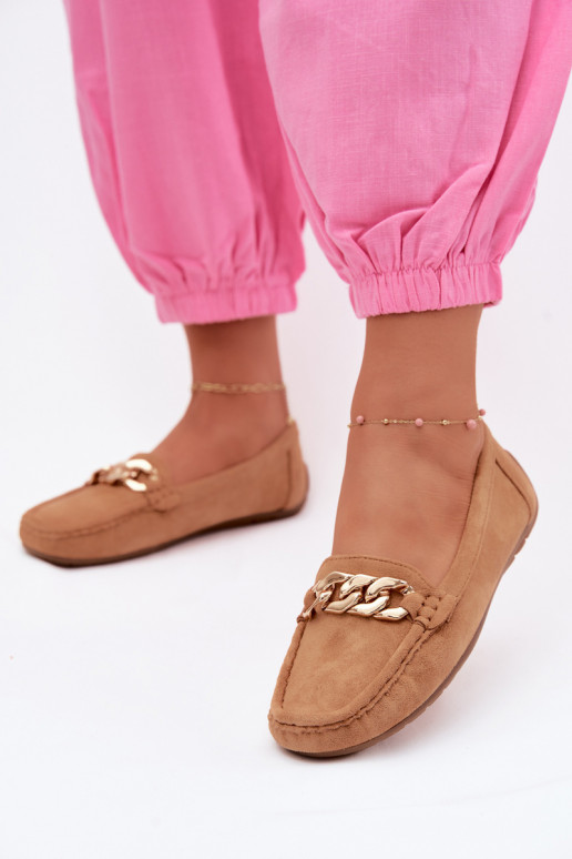 Dames gouden loafers met ketting van faux suede bruin Amaretto