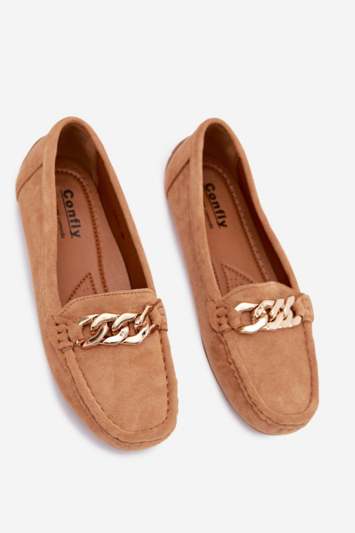 Dames gouden loafers met ketting van faux suede bruin Amaretto