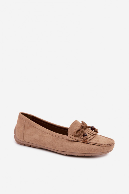Dames platte loafers met strikken en kwastiki van faux suede zandkleur Bluebell