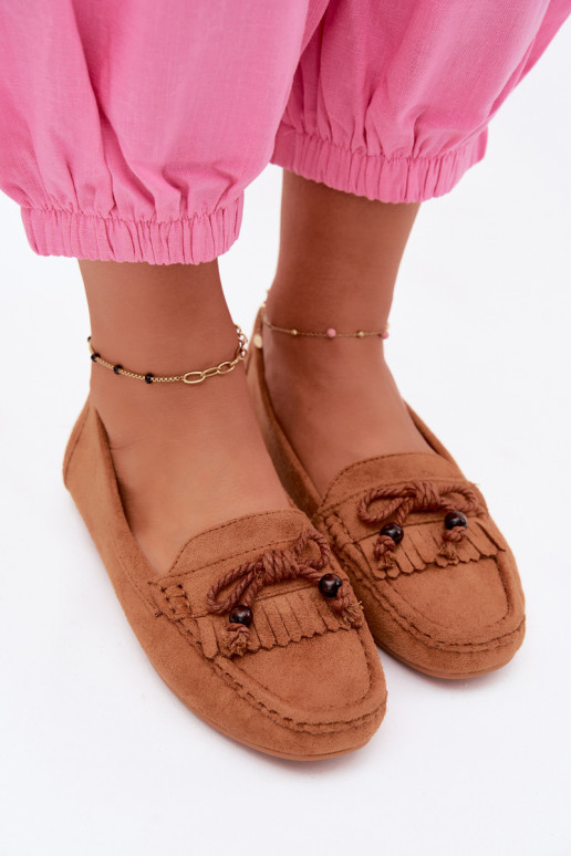 Dames mocassins met strikken en franjes van faux suede in bruine kleur Bluebell