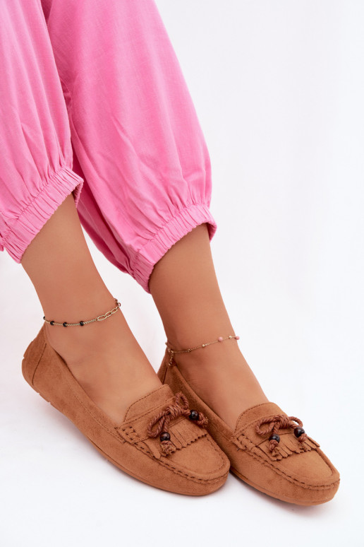 Dames mocassins met strikken en franjes van faux suede in bruine kleur Bluebell