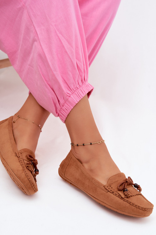 Dames mocassins met strikken en franjes van faux suede in bruine kleur Bluebell