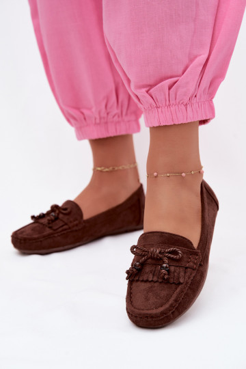 Dames mocassins met strikken en franjes van faux suede in chocolade kleur Bluebell 2