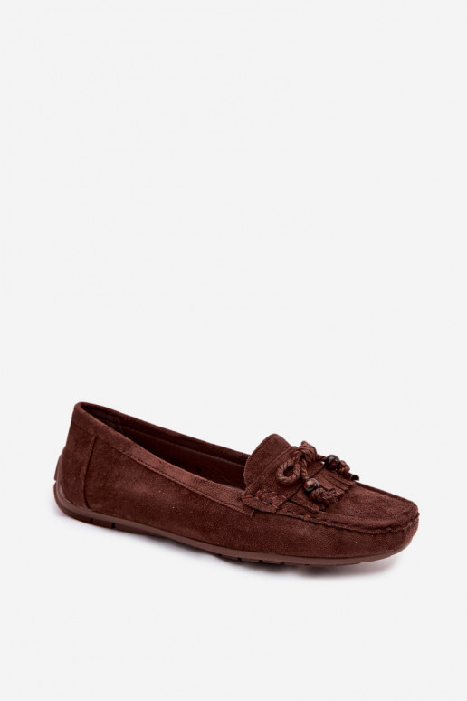 Dames mocassins met strikken en franjes van faux suede in chocolade kleur Bluebell