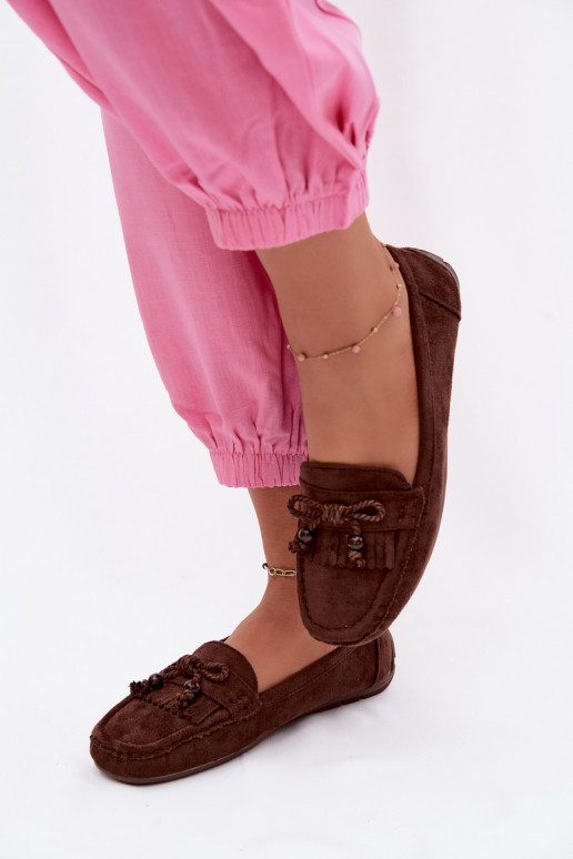 Dames mocassins met strikken en franjes van faux suede in chocolade kleur Bluebell
