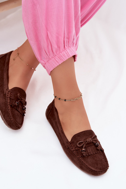 Dames mocassins met strikken en franjes van faux suede in chocolade kleur Bluebell