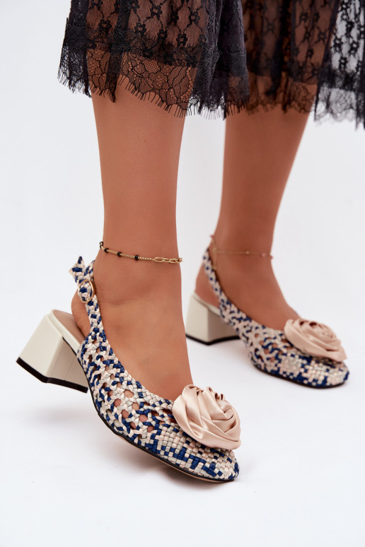 Patroon sandalen voor dames met hak en ornamenten Artiker 58C0372 zand en donkerblauwe kleur