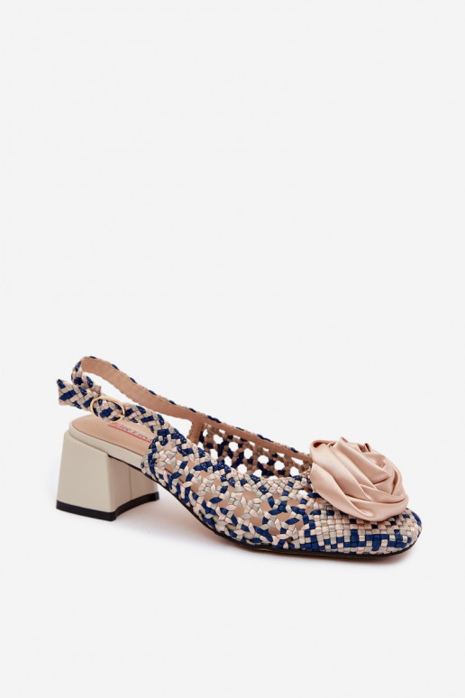 Patroon sandalen voor dames met hak en ornamenten Artiker 58C0372 zand en donkerblauwe kleur