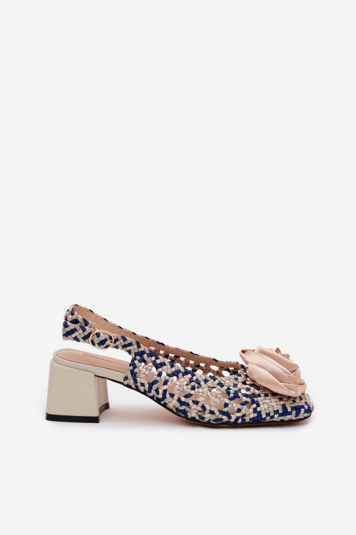 Patroon sandalen voor dames met hak en ornamenten Artiker 58C0372 zand en donkerblauwe kleur