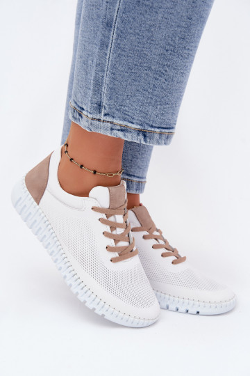 Leren sportschoenen voor dames Artiker 58C3083 witte en bruine kleur 2