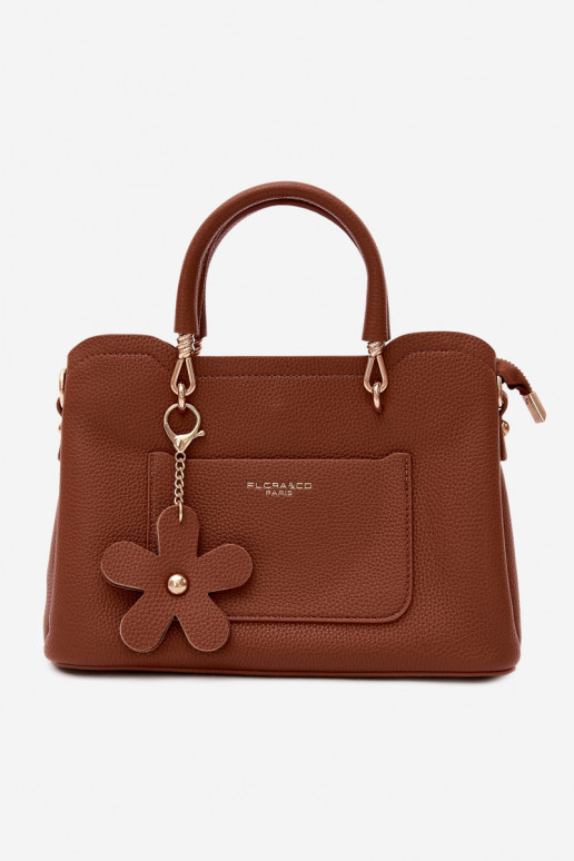 Tas van kunstleer met sleutelhanger en bloemenmotieven in bruine kleur Noomi