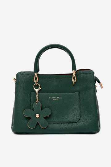 Handtas met faux leren sleutelhanger met bloemenmotieven in flesgroen Noomi