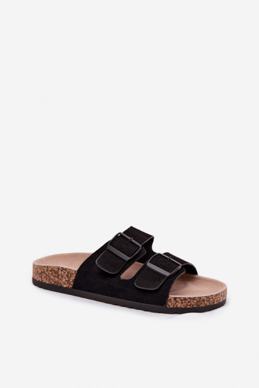 Dames slippers met gespen op kurken zool in zwarte kleur Brooks