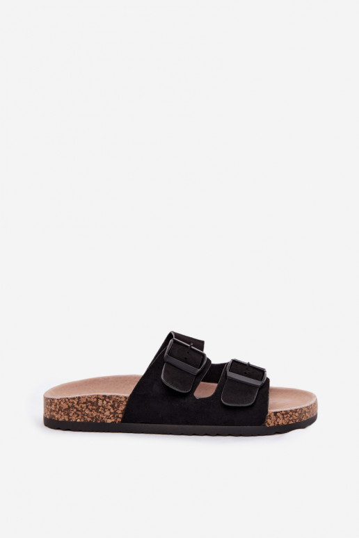 Dames slippers met gespen op kurken zool in zwarte kleur Brooks