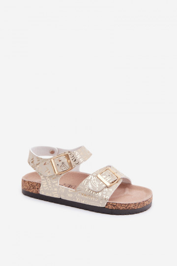 Gouden kindersandalen met gespen en opschriften Praline