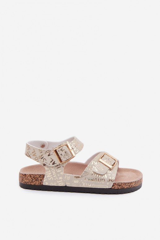 Gouden kindersandalen met gespen en opschriften Praline