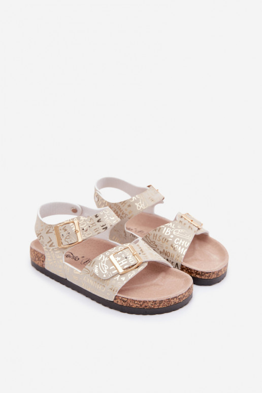 Gouden kindersandalen met gespen en opschriften Praline