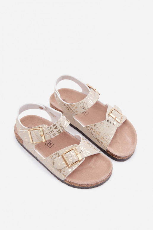 Gouden kindersandalen met gespen en opschriften Praline