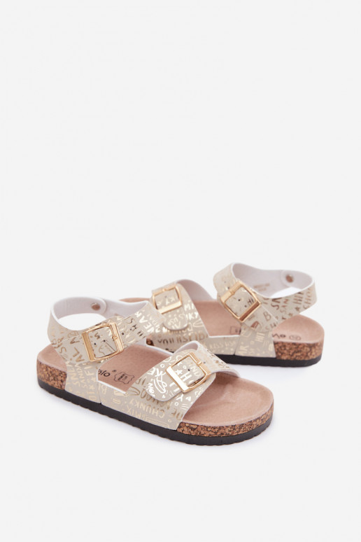 Gouden kindersandalen met gespen en opschriften Praline
