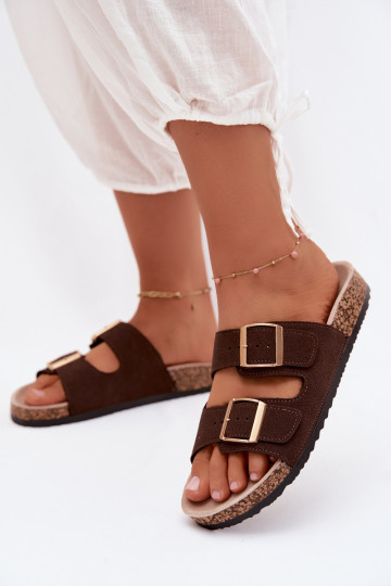 Dames slippers met gespen op kurken zool in chocolade kleur Collins