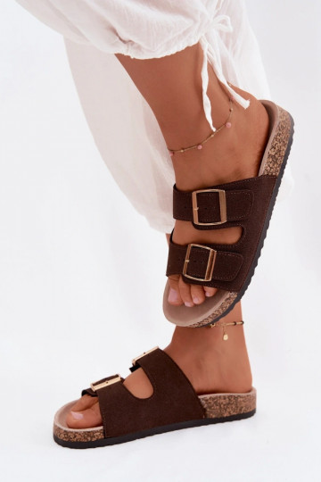 Dames slippers met gespen op kurken zool in chocolade kleur Collins 2