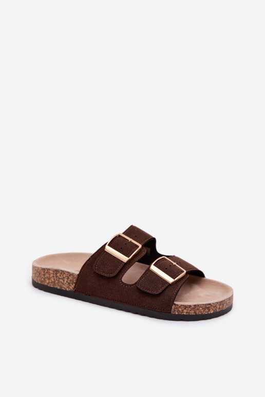 Dames slippers met gespen op kurken zool in chocolade kleur Collins