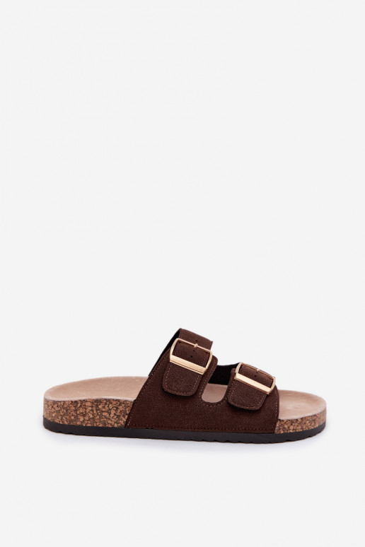 Dames slippers met gespen op kurken zool in chocolade kleur Collins