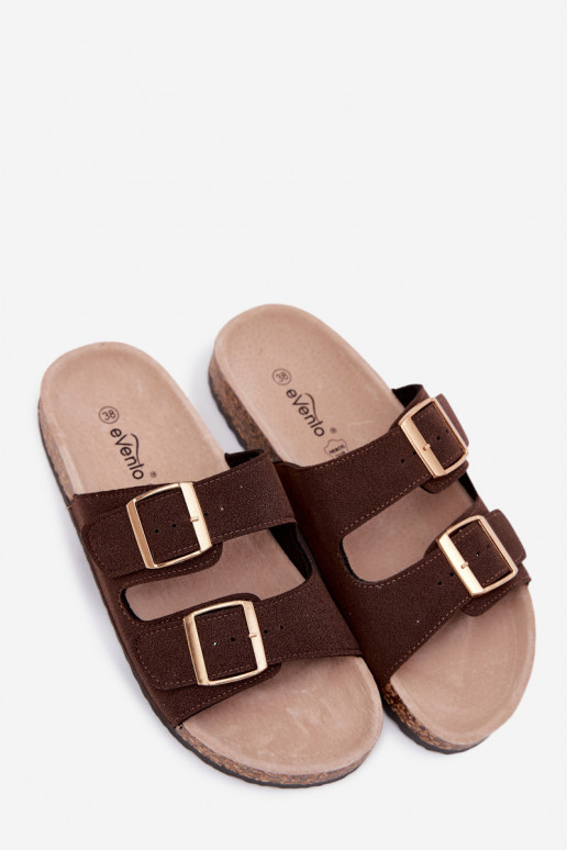 Dames slippers met gespen op kurken zool in chocolade kleur Collins
