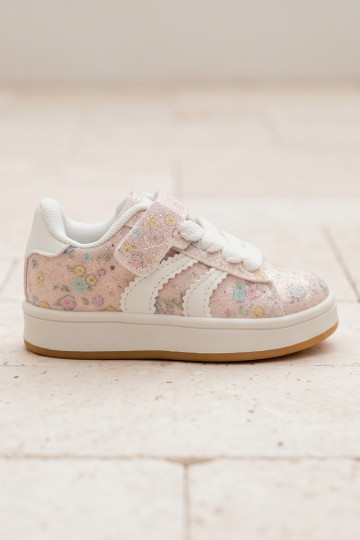 Glanzende sportschoenen met bloemen in roze Tessina