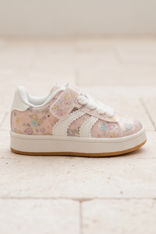 Glanzende sportschoenen met bloemen in roze Tessina