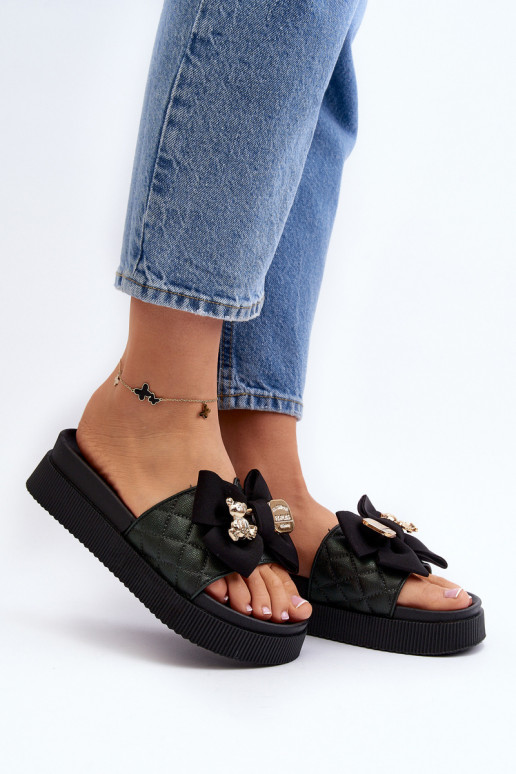 Zwarte dames slippers met strikken en teddyberen Katterina