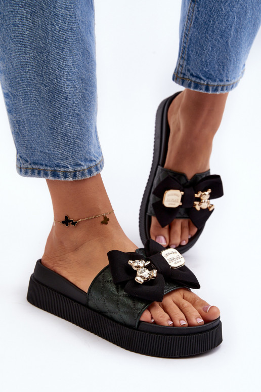 Zwarte dames slippers met strikken en teddyberen Katterina