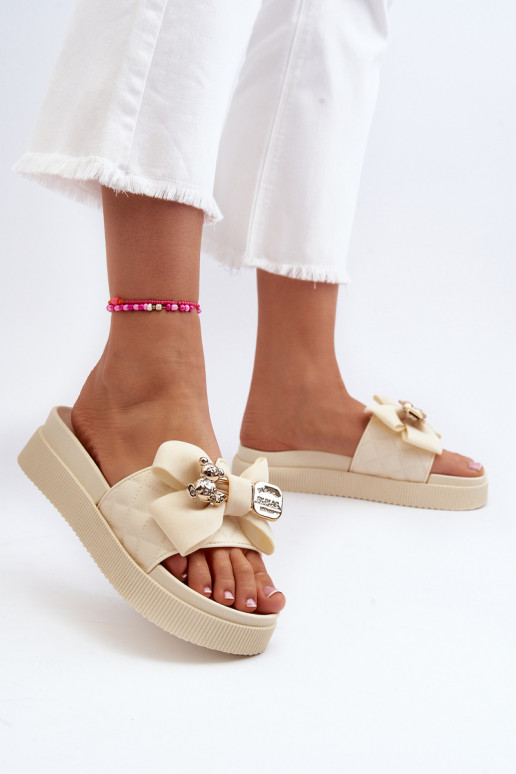 Beige dames slippers met strikken en teddyberen Katterina