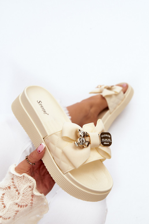 Beige dames slippers met strikken en teddyberen Katterina
