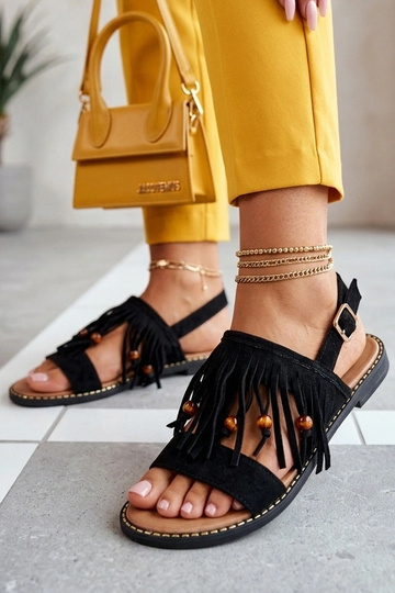 Zwarte platte sandalen met franjes Gladys
