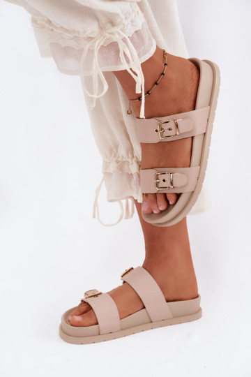 Dames sandkleurige slippers met gouden gespen Vilja