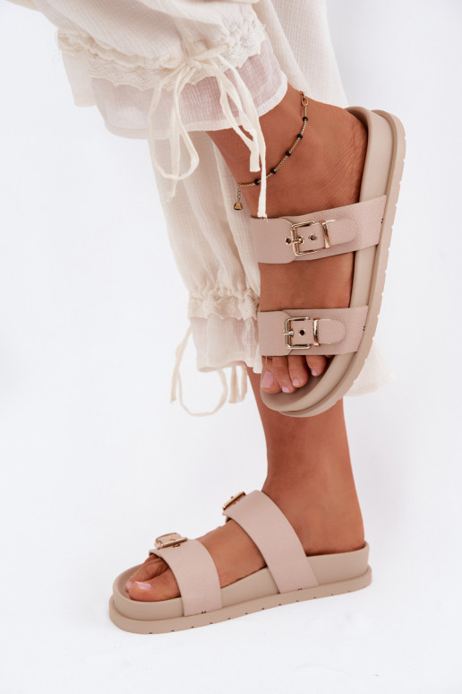 Dames sandkleurige slippers met gouden gespen Vilja