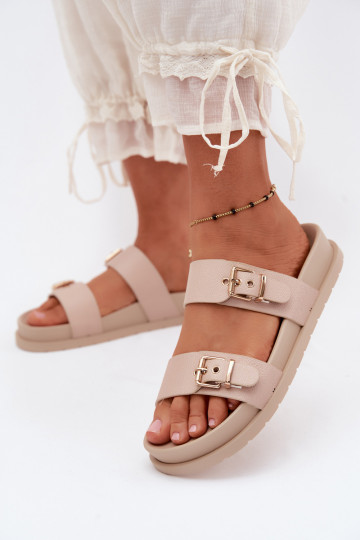 Dames sandkleurige slippers met gouden gespen Vilja 2