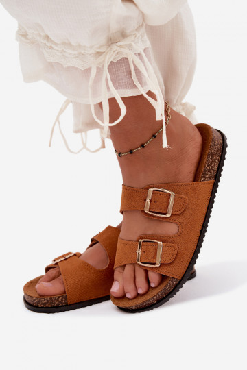Dames bruine slippers met gespen Brigid 2