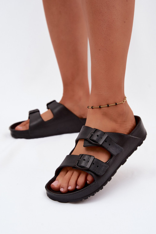 Dames lichte zwarte slippers met gespen Calico