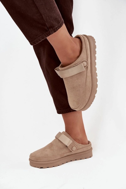 Dames warme slippers met bont aan de binnenkant op platform in zandkleur Azida