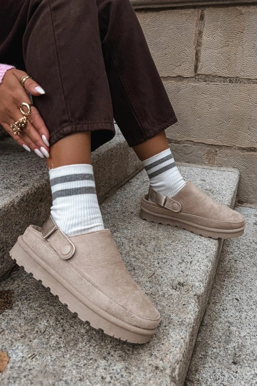 Dames warme slippers met bont aan de binnenkant op platform in zandkleur Azida