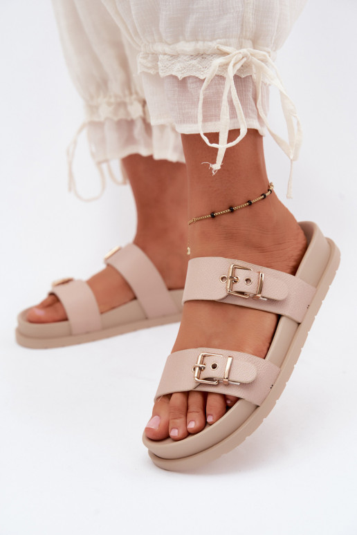 Dames sandkleurige slippers met gouden gespen Vilja