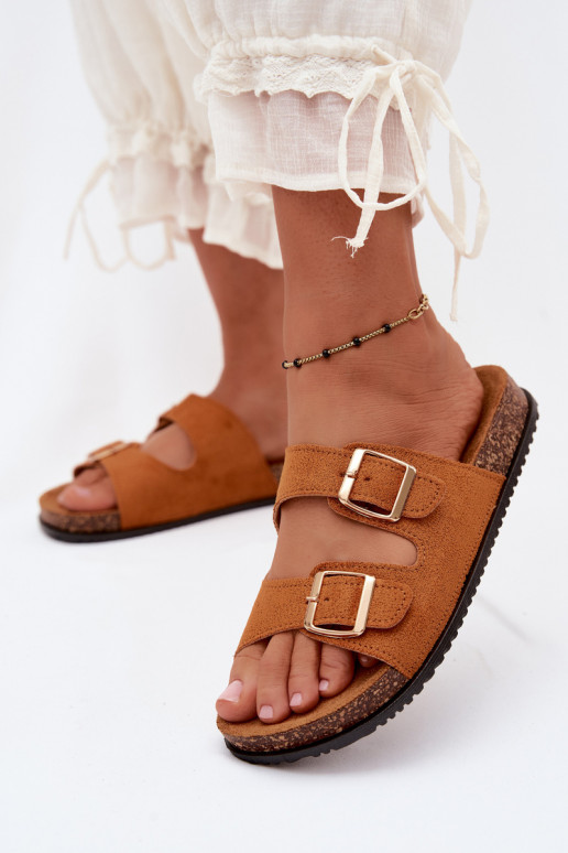 Dames bruine slippers met gespen Brigid