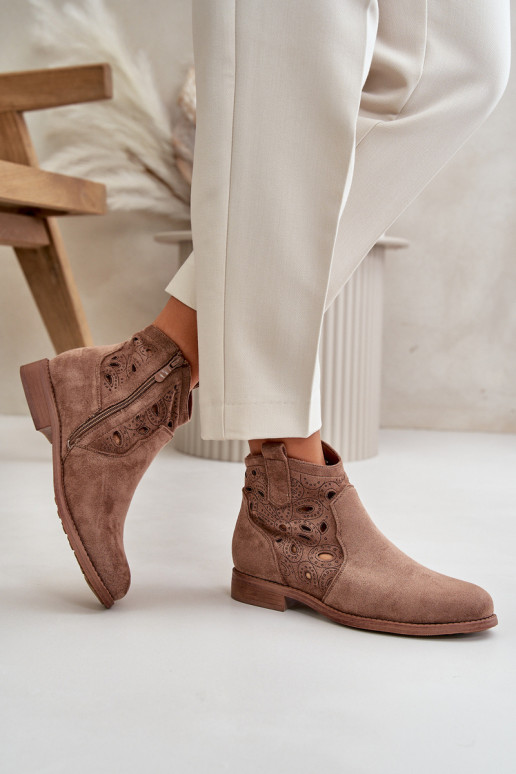 Dames enkellaarsjes met kantdetails in bruine kleur S.Barski HY42-081