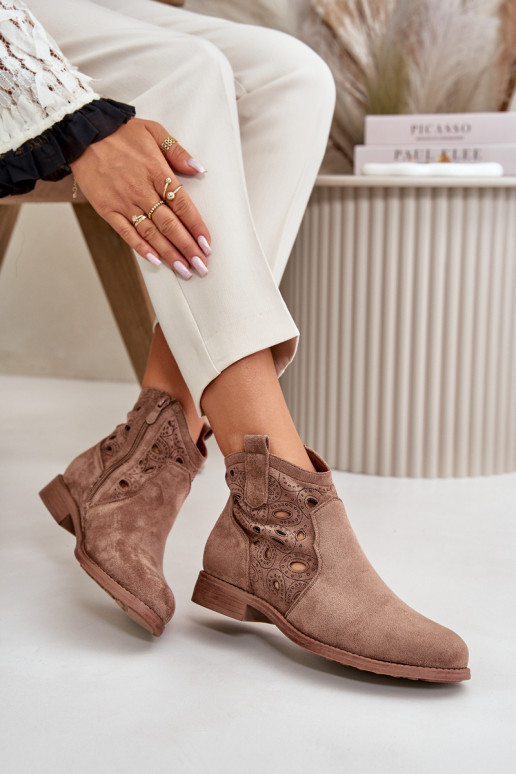 Dames enkellaarsjes met kantdetails in bruine kleur S.Barski HY42-081