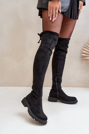 Zwarte laarzen tot boven de knie met brede hakken van faux suede Arkelia 2