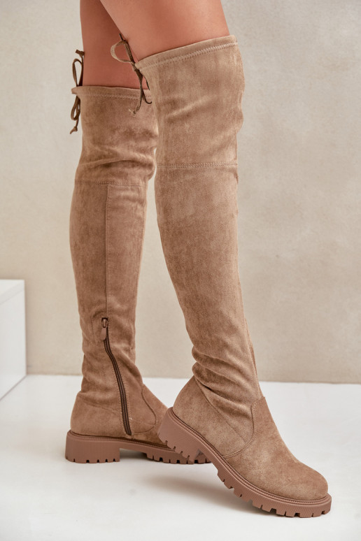 Beige laarzen tot boven de knie met brede hakken van faux suede Arkelia