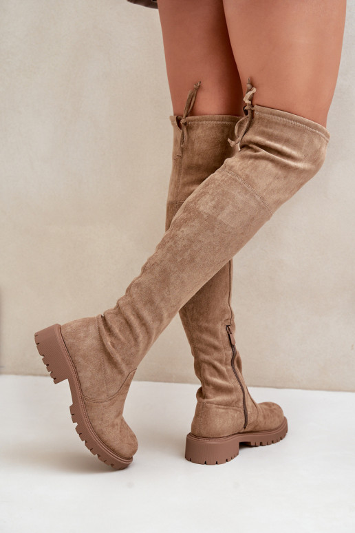 Beige laarzen tot boven de knie met brede hakken van faux suede Arkelia
