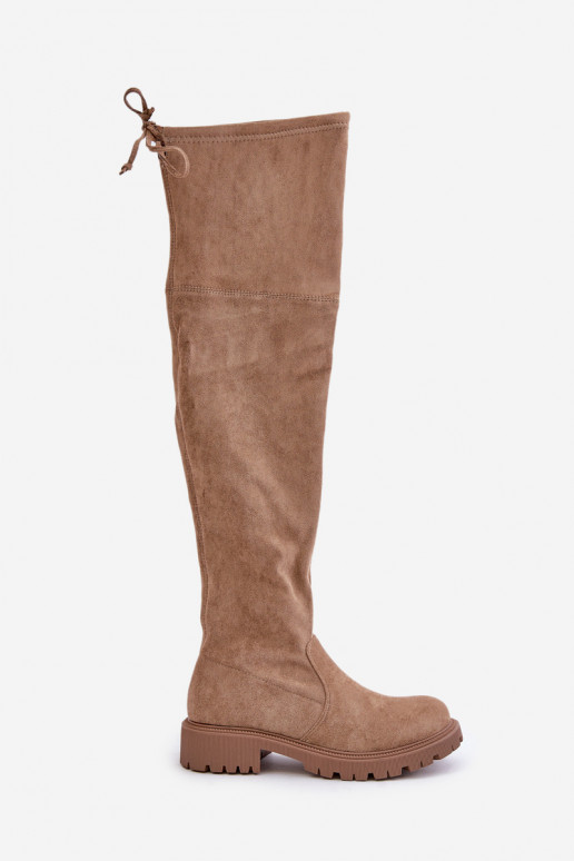 Beige laarzen tot boven de knie met brede hakken van faux suede Arkelia
